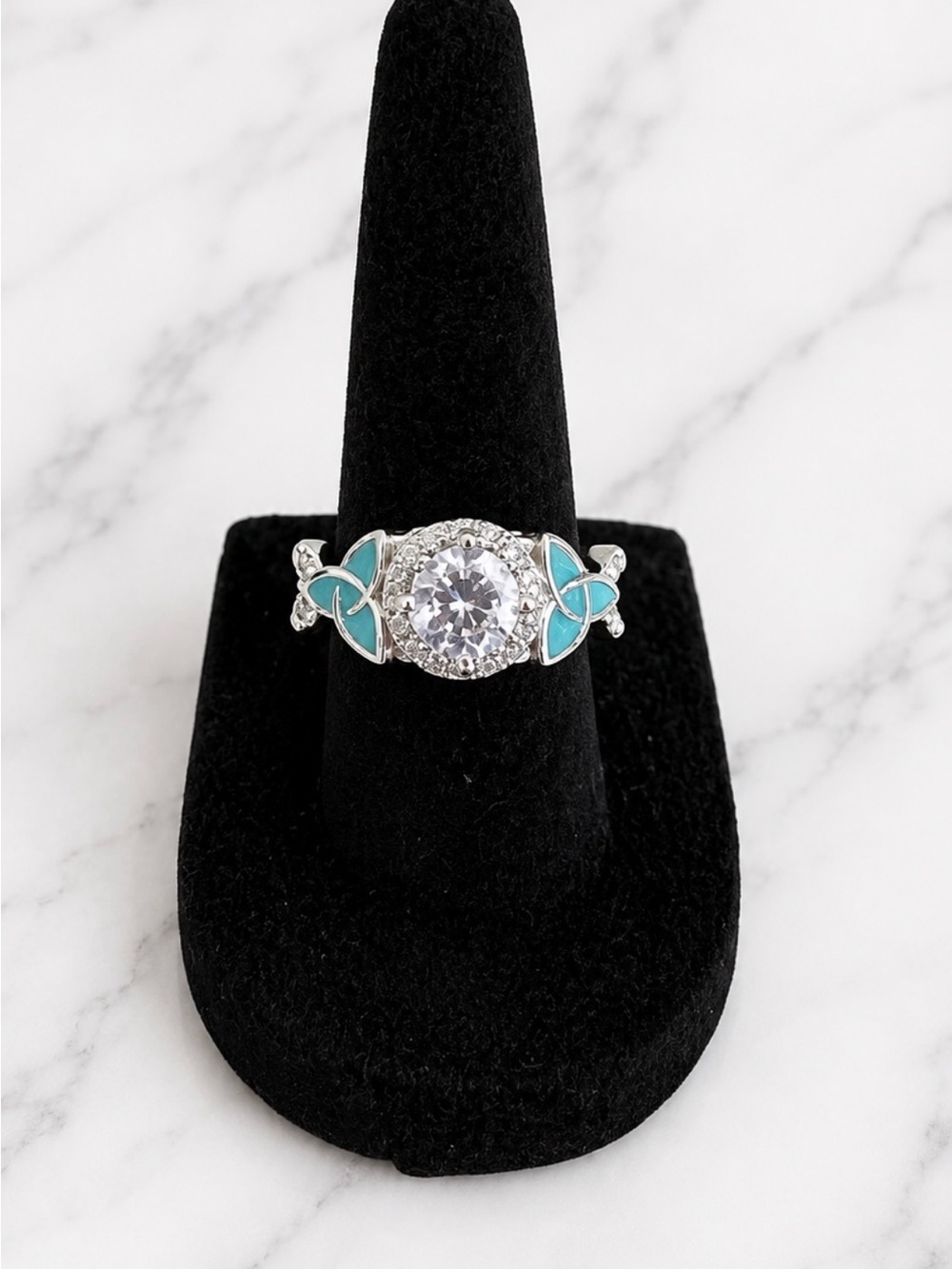 Silver-tone Green Enamel Floral Halo Ring With Clear Center Stone Size 7